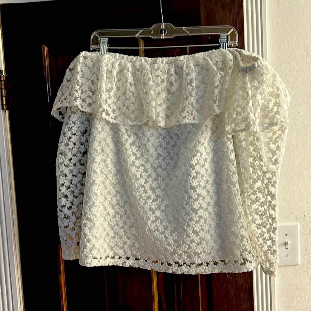 Floral design off the shoulder ruffle white top